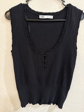 Zara Black Pointelle Knit Tank Top Sleeveless